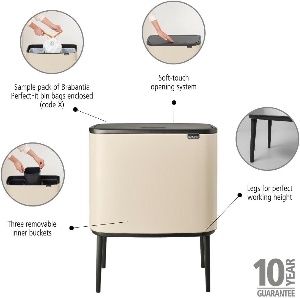 image:imageBrabantia Bo Touch Top Kitchen Trash Can with Single Compartment Mineral Gray 16 Gal Inner Bucket SoftClose Garbage Can Light Touch Opening StayOpen Lid Fits Against Wall Trash BagsSoft Beige