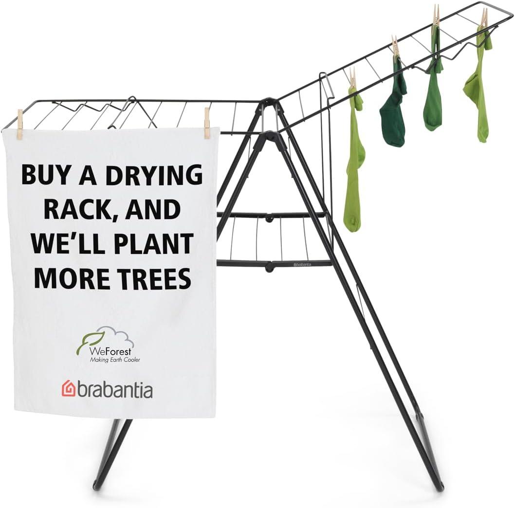 image:imageBrabantia HangOn Clothes Drying Rack 67ft 20m Matt Black Large Indoor Clothes Airer Laundry Stand with 2 FoldOut Wings amp Hanger Hooks Folds Flat Fits 2 Full LoadsMatt Black