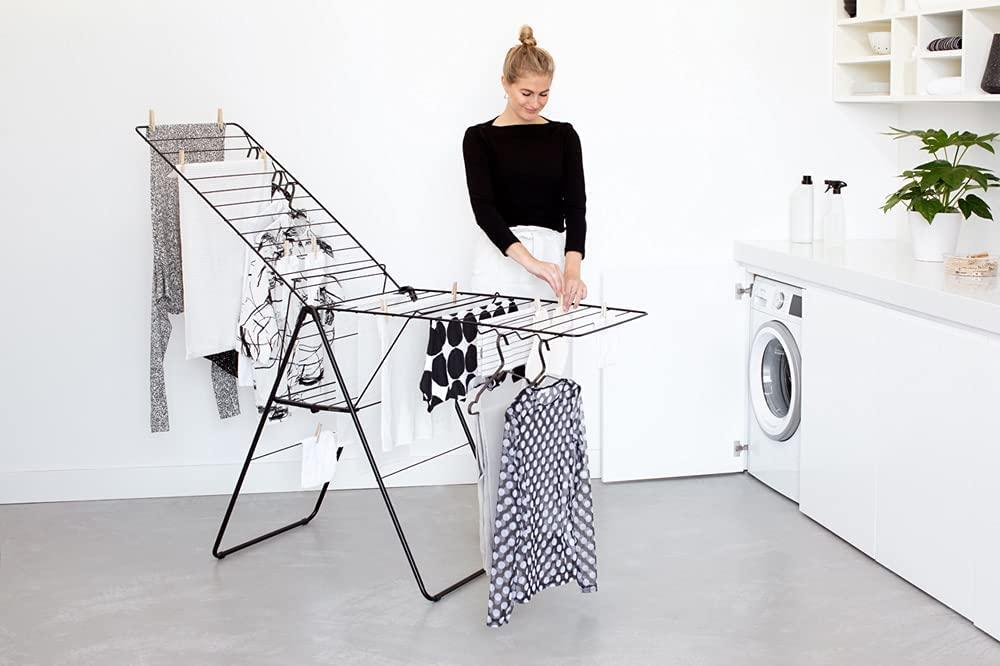 image:imageBrabantia HangOn Clothes Drying Rack 82ft 25m Matt Black Large Indoor Clothes Airer Laundry Stand with 2 FoldOut Wings amp Hanger Hooks Folds Flat Fits 2 Full LoadsMatt Black