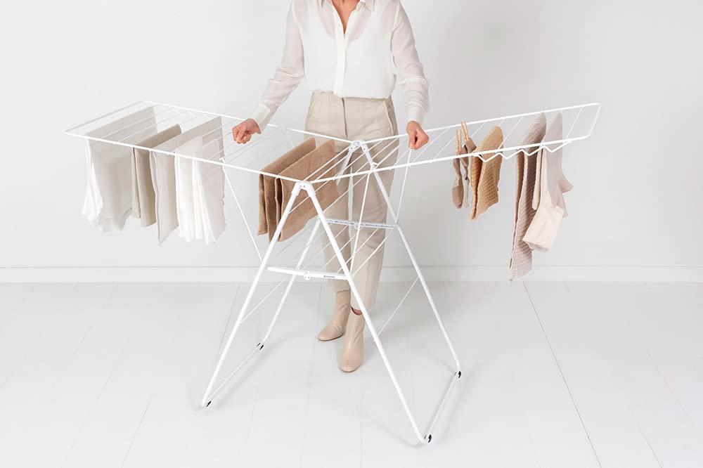 image:imageBrabantia HangOn Clothes Drying Rack 82ft 25m White Large Indoor Clothes Airer Laundry Stand with 2 FoldOut Wings amp Hanger Hooks Folds Flat Fits 2 Full LoadsFresh White