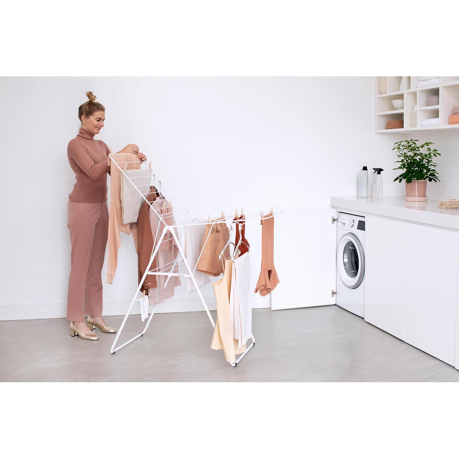 image:imageBrabantia HangOn Clothes Drying Rack 82ft 25m White Large Indoor Clothes Airer Laundry Stand with 2 FoldOut Wings amp Hanger Hooks Folds Flat Fits 2 Full LoadsFresh White