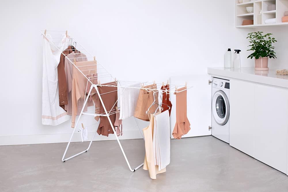 image:imageBrabantia HangOn Clothes Drying Rack 82ft 25m White Large Indoor Clothes Airer Laundry Stand with 2 FoldOut Wings amp Hanger Hooks Folds Flat Fits 2 Full LoadsFresh White