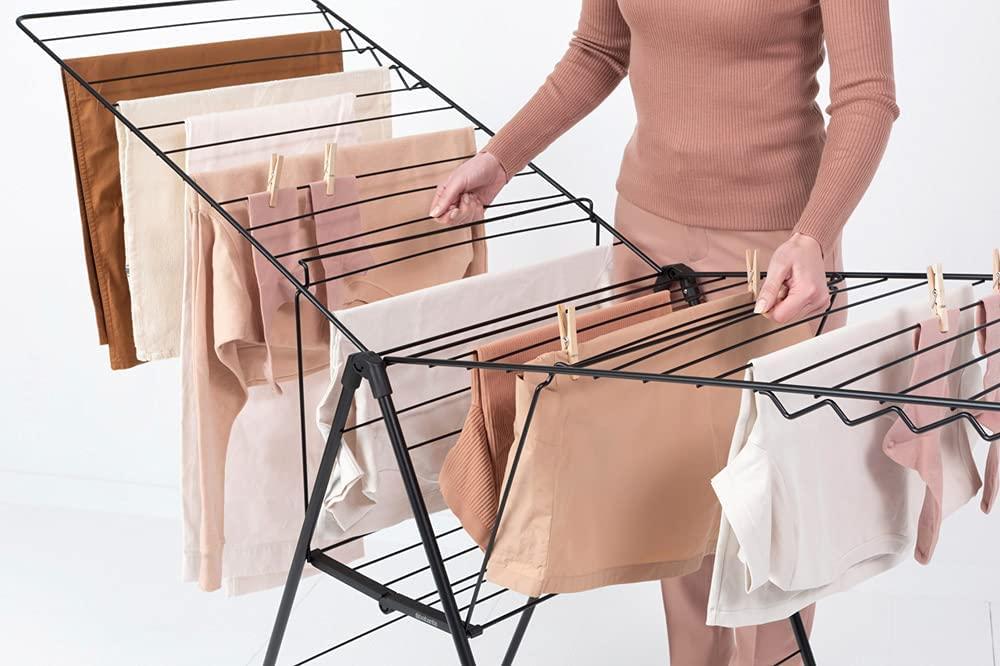 image:imageBrabantia HangOn Clothes Drying Rack 82ft 25m White Large Indoor Clothes Airer Laundry Stand with 2 FoldOut Wings amp Hanger Hooks Folds Flat Fits 2 Full LoadsMatt Black