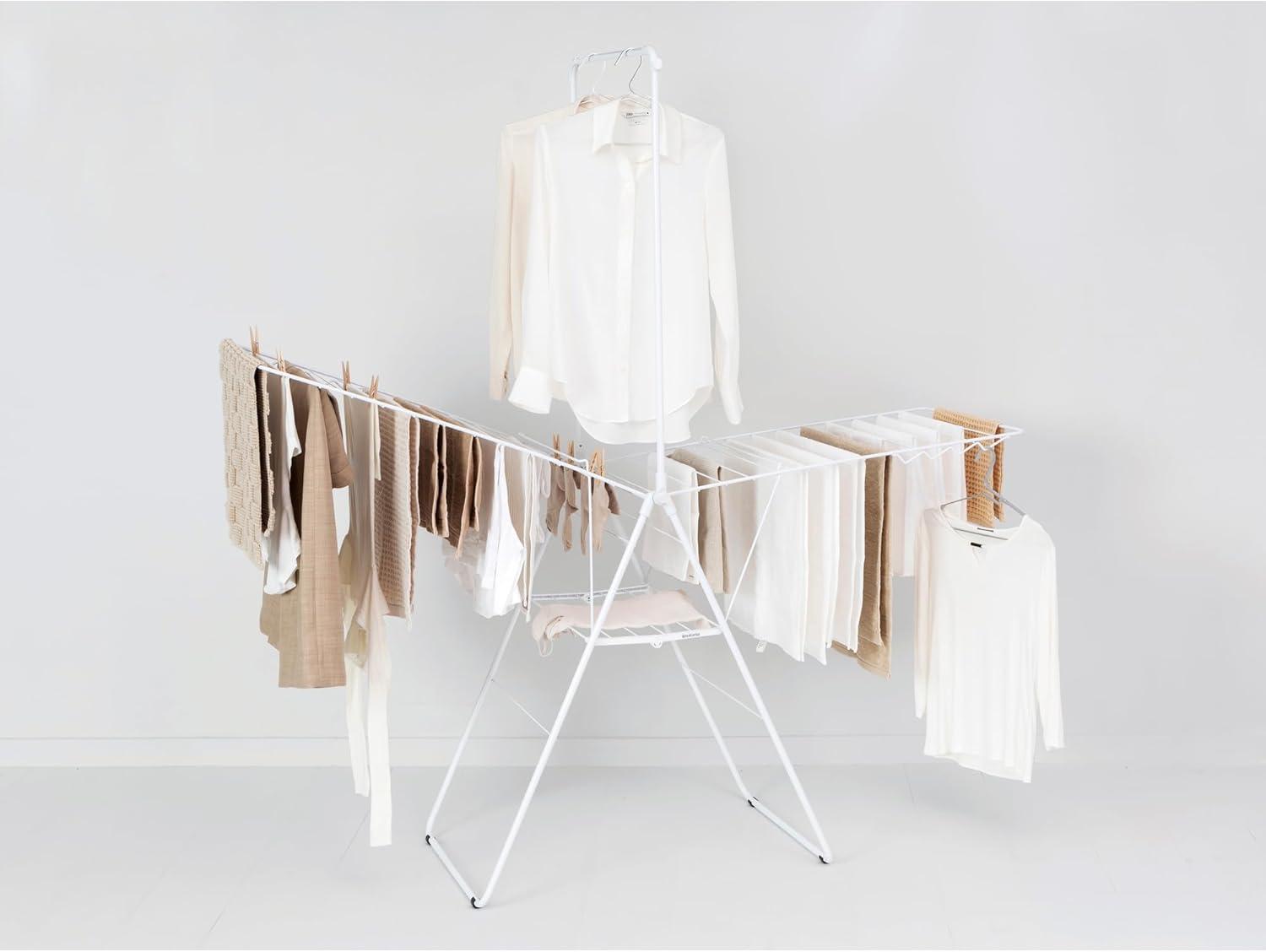 image:imageBrabantia HangOn Clothes Drying Rack with Garment Rail 82ft 25m White Large Indoor Clothes Airer Laundry Stand with 2 FoldOut Wings amp Hanger Hooks Folds Flat Fits 3 Full LoadsFresh White