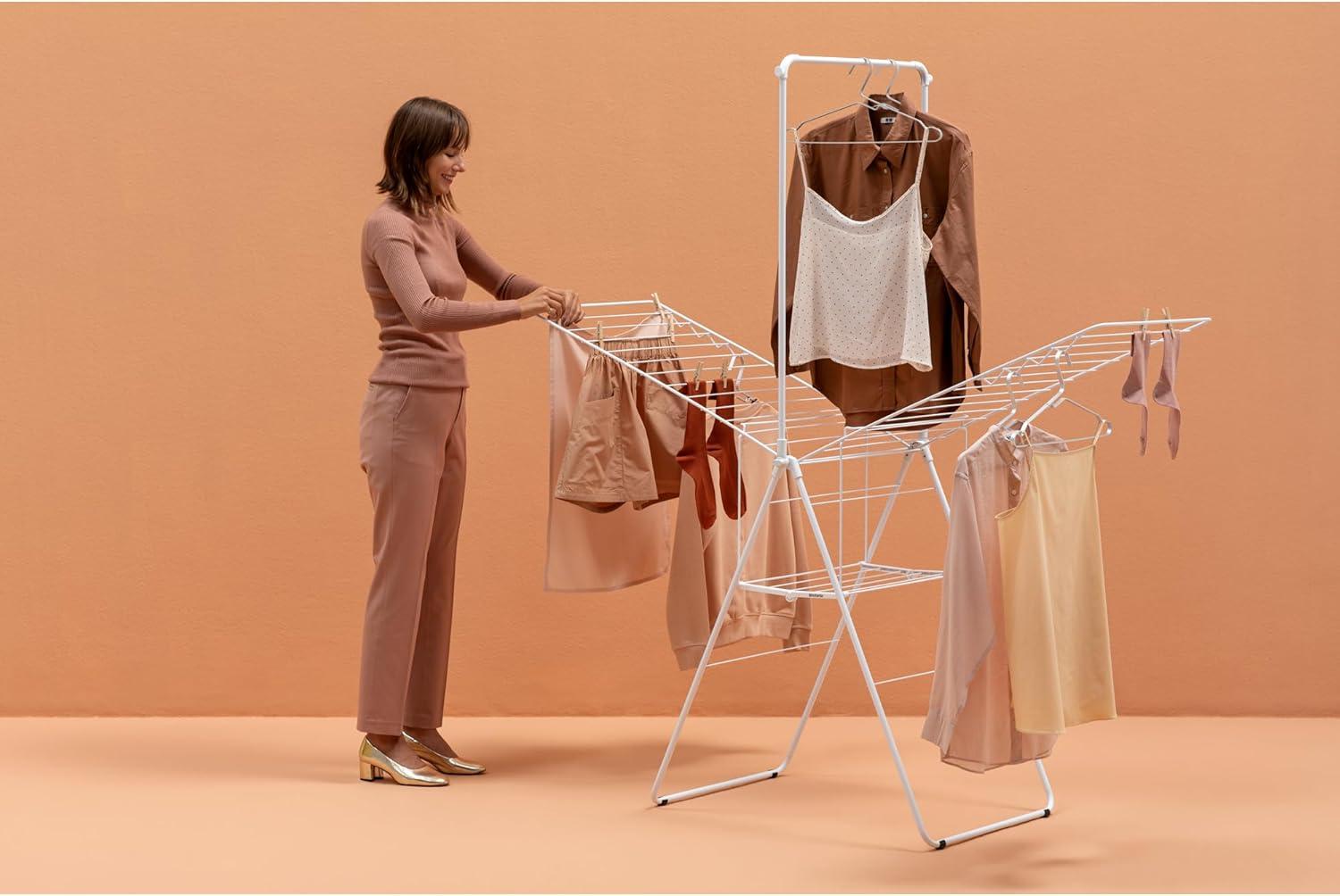 image:imageBrabantia HangOn Clothes Drying Rack with Garment Rail 82ft 25m White Large Indoor Clothes Airer Laundry Stand with 2 FoldOut Wings amp Hanger Hooks Folds Flat Fits 3 Full LoadsFresh White
