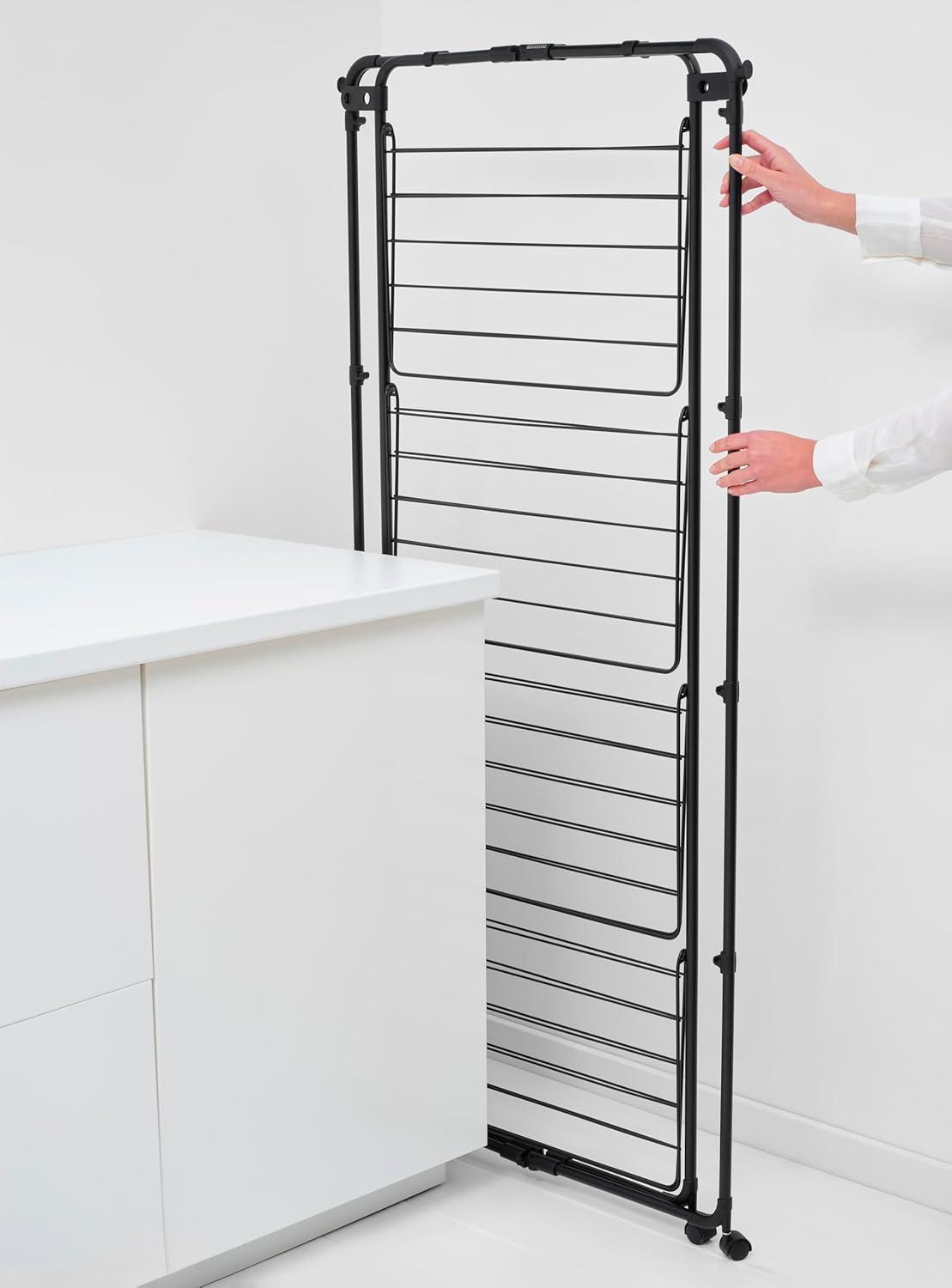 image:imageBrabantia HangOn Tower Clothes Drying Rack with Wheels 76ft 23m White Tall 3Tier Indoor Clothes Airer with Adjustable Shelves for Towels Folds Flat to Save Space Fits 2 Full LoadsMatt Black