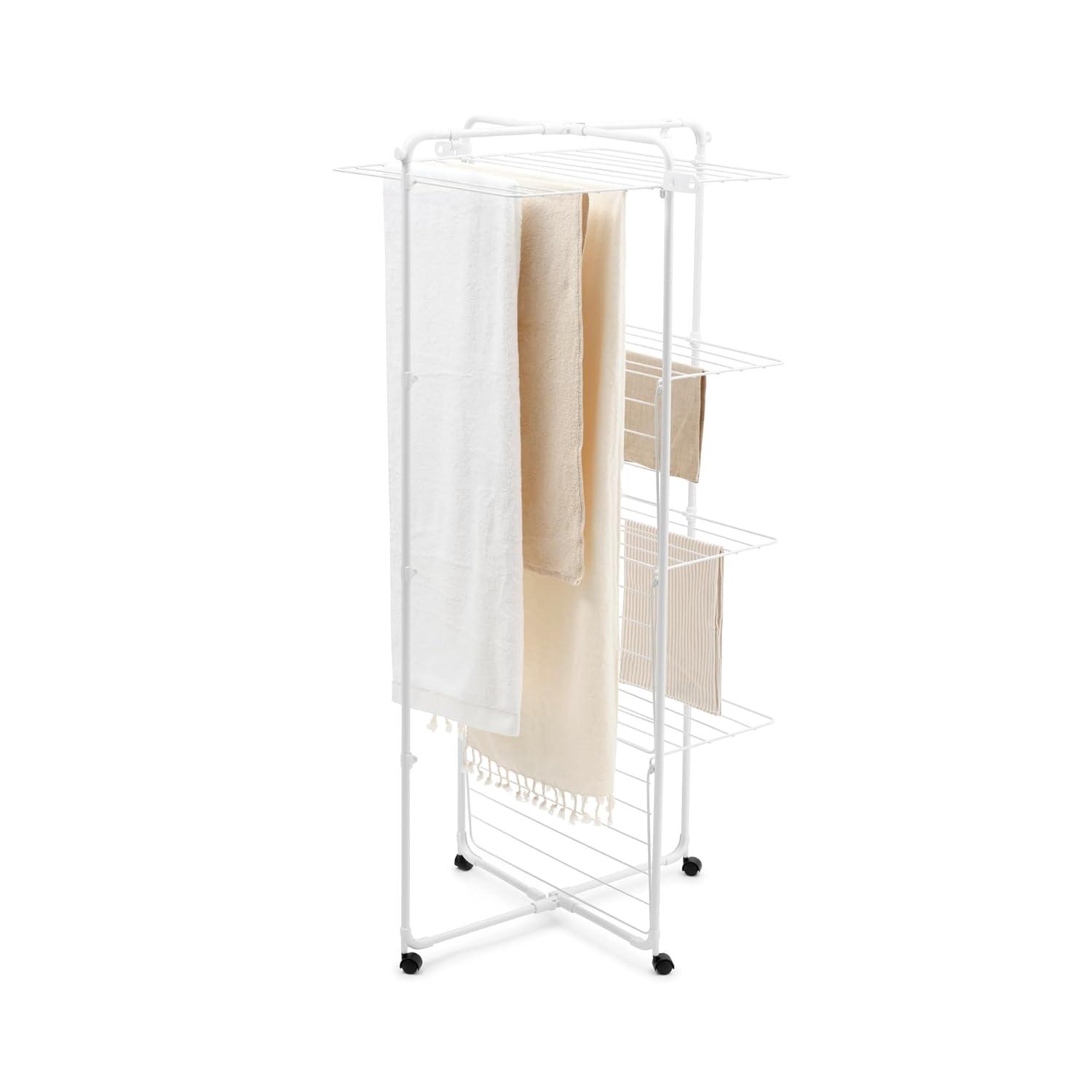 image:imageBrabantia HangOn Tower Clothes Drying Rack with Wheels 76ft 23m White Tall 3Tier Indoor Clothes Airer with Adjustable Shelves for Towels Folds Flat to Save Space Fits 2 Full LoadsWhite