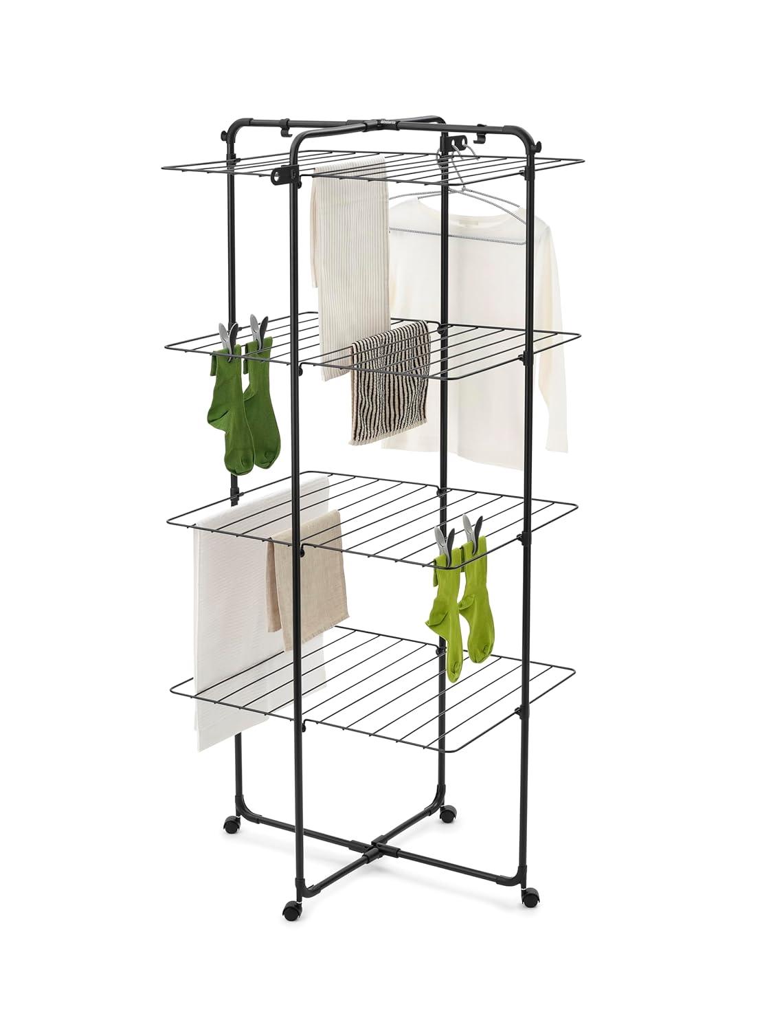 image:imageBrabantia HangOn Tower Clothes Drying Rack with Wheels 76ft 23m White Tall 3Tier Indoor Clothes Airer with Adjustable Shelves for Towels Folds Flat to Save Space Fits 2 Full LoadsMatt Black