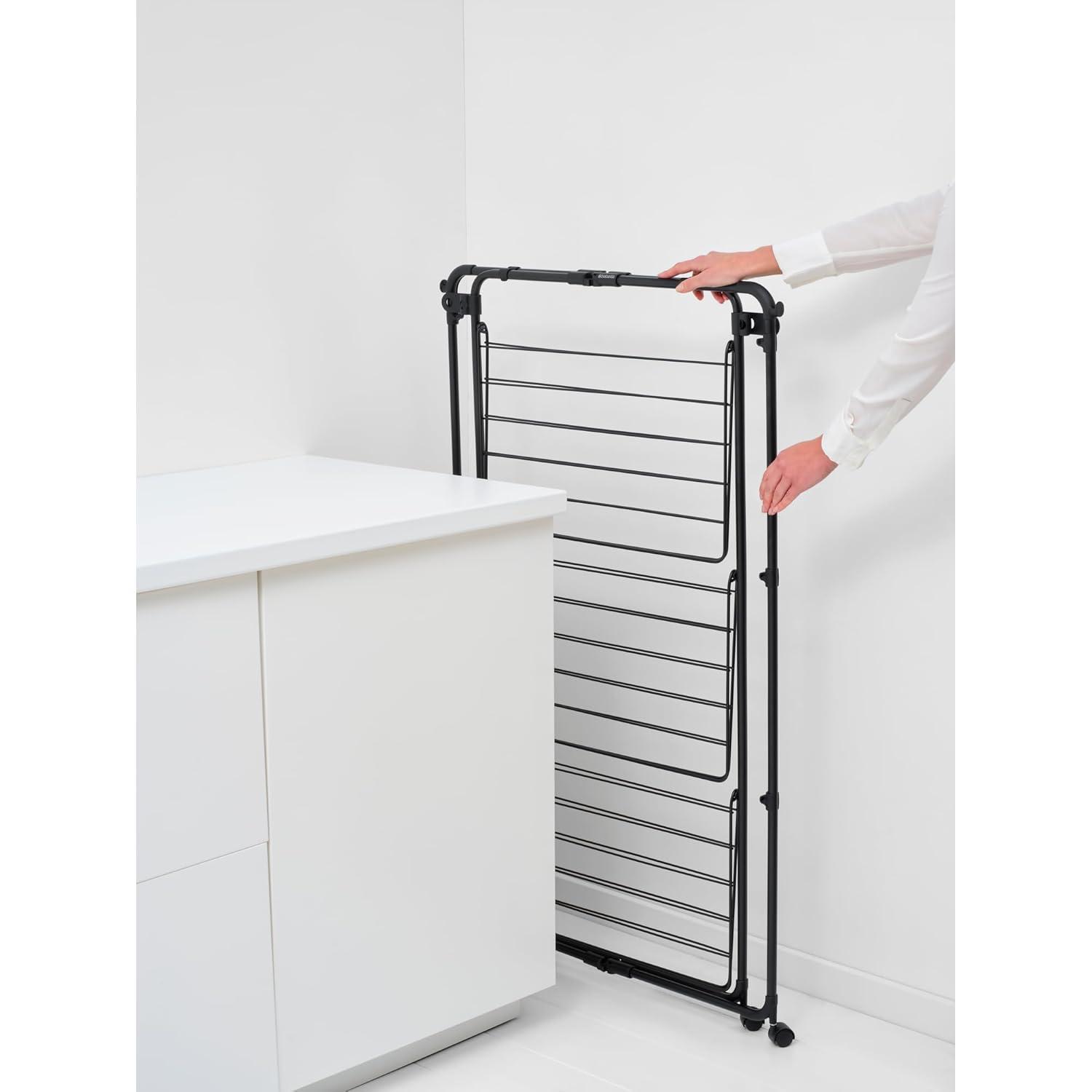 image:imageBrabantia HangOn Tower Clothes Drying Rack with Wheels 76ft 23m White Tall 3Tier Indoor Clothes Airer with Adjustable Shelves for Towels Folds Flat to Save Space Fits 2 Full LoadsMatt Black