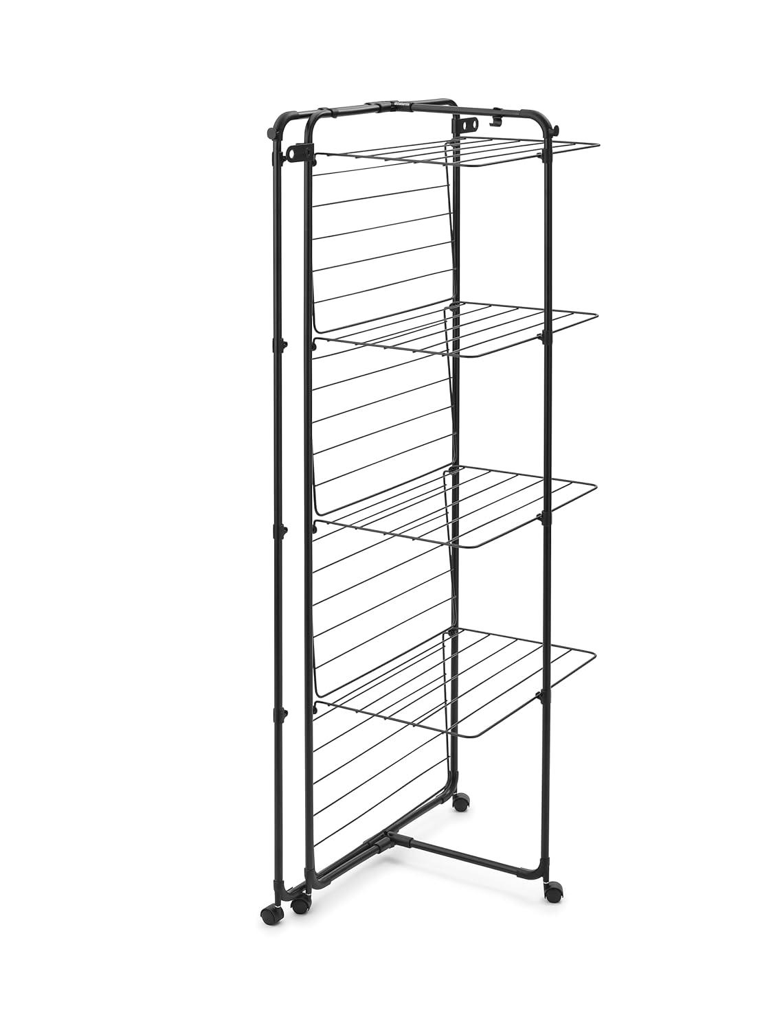 image:imageBrabantia HangOn Tower Clothes Drying Rack with Wheels 76ft 23m White Tall 3Tier Indoor Clothes Airer with Adjustable Shelves for Towels Folds Flat to Save Space Fits 2 Full LoadsMatt Black
