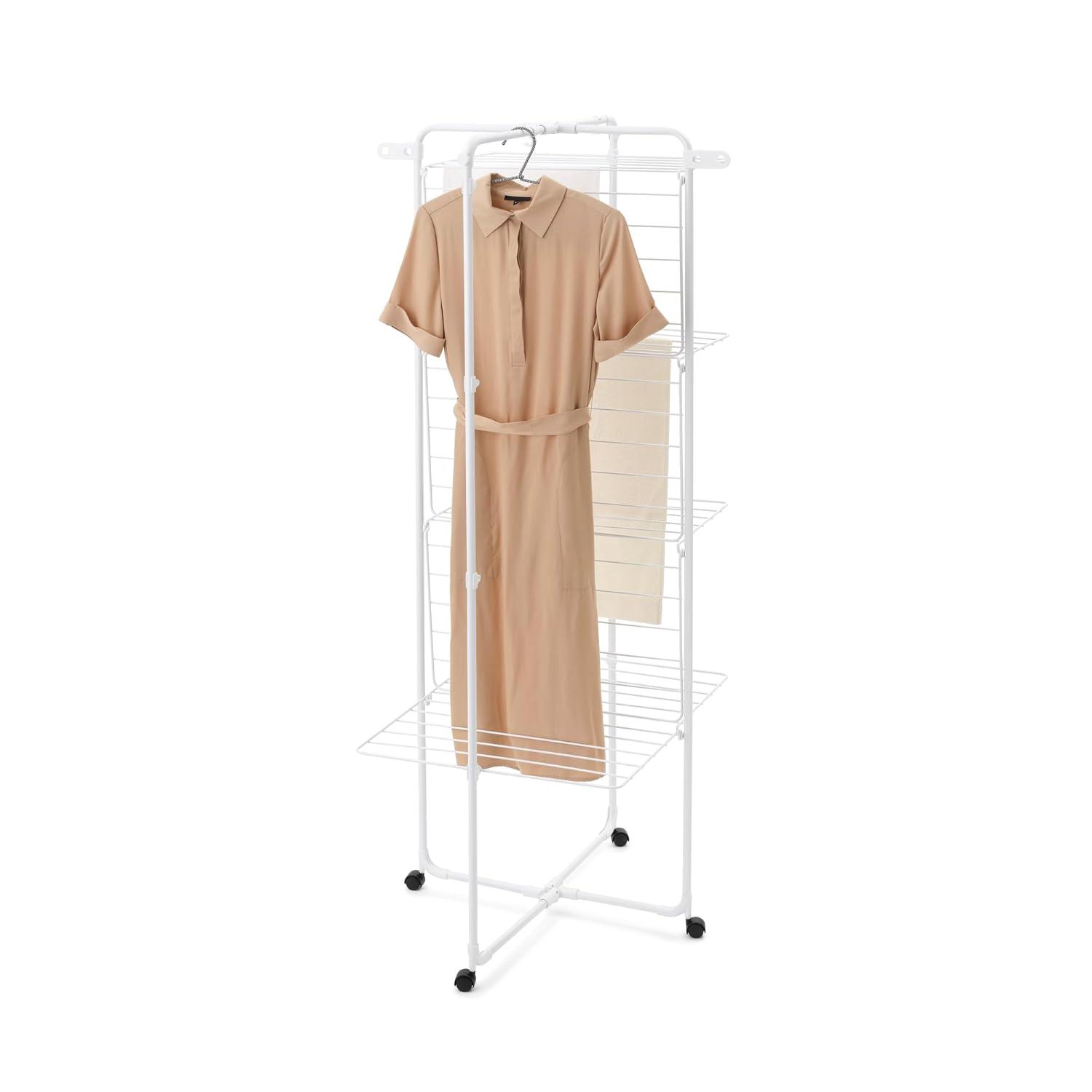 image:imageBrabantia HangOn Tower Clothes Drying Rack with Wheels 76ft 23m White Tall 3Tier Indoor Clothes Airer with Adjustable Shelves for Towels Folds Flat to Save Space Fits 2 Full LoadsWhite