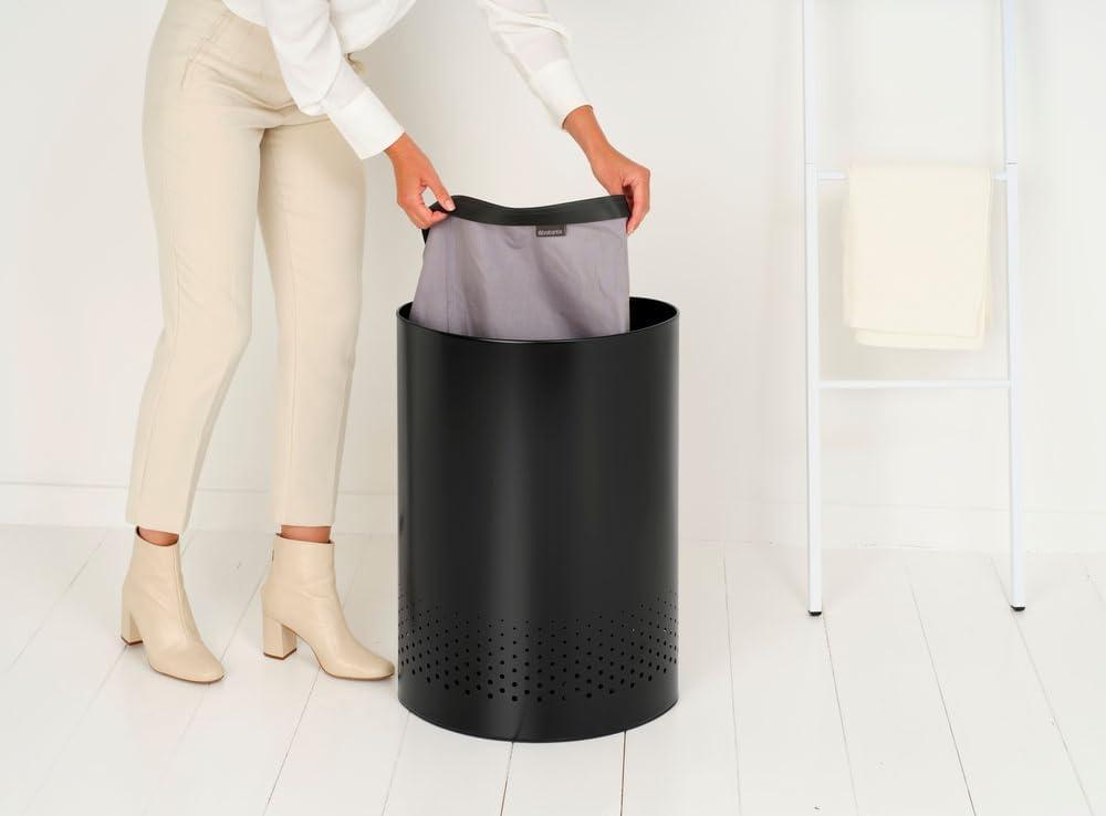 image:imageBrabantia Laundry Basket with Lid 16 Gal Washing Hamper with Removable Cotton Bag amp QuickDrop Opening SpaceSaving Laundry Hamper Matt BlackMatt Black