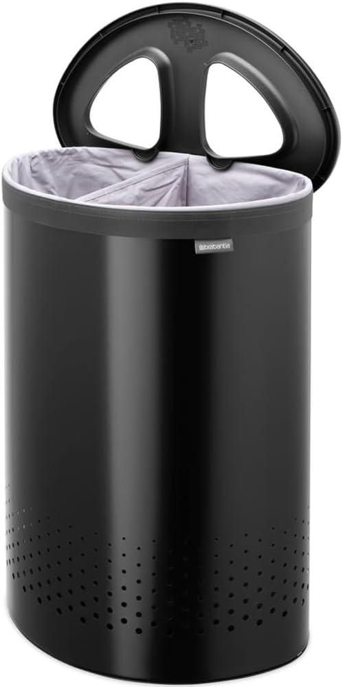 image:imageBrabantia Laundry Basket with Lid 16 Gal Washing Hamper with Removable Cotton Bag amp QuickDrop Opening SpaceSaving Laundry Hamper Matt BlackMatt Black