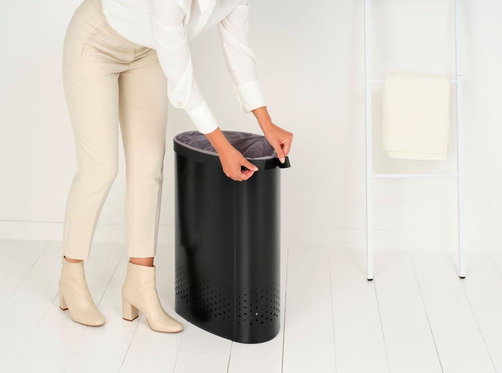 image:imageBrabantia Laundry Basket with Lid 16 Gal Washing Hamper with Removable Cotton Bag amp QuickDrop Opening SpaceSaving Laundry Hamper Matt BlackMatt Black