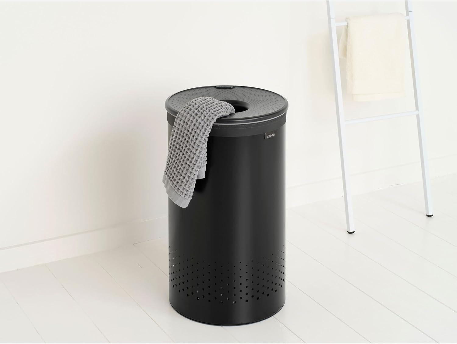image:imageBrabantia Laundry Basket with Lid 16 Gal Washing Hamper with Removable Cotton Bag amp QuickDrop Opening SpaceSaving Laundry Hamper Matt BlackMatt Black