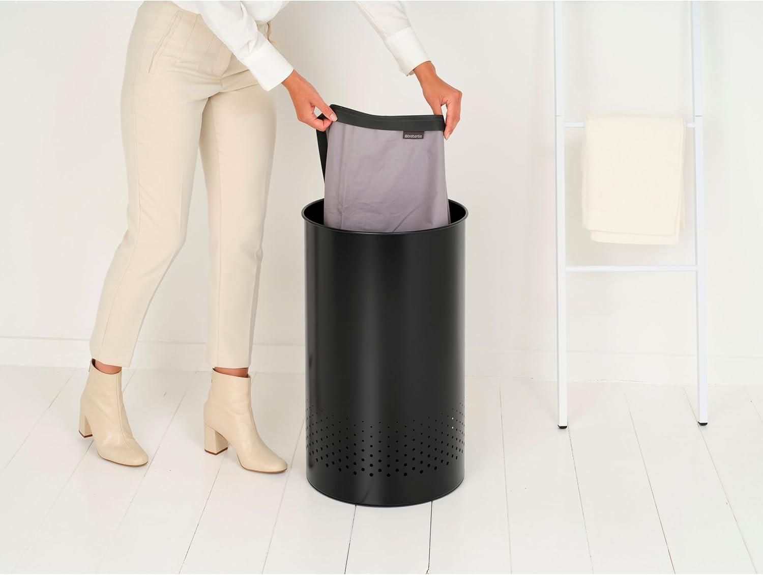 image:imageBrabantia Laundry Basket with Lid 16 Gal Washing Hamper with Removable Cotton Bag amp QuickDrop Opening SpaceSaving Laundry Hamper Matt BlackMatt Black