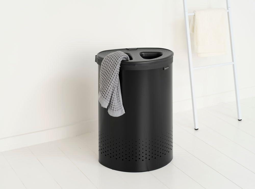 image:imageBrabantia Laundry Basket with Lid 16 Gal Washing Hamper with Removable Cotton Bag amp QuickDrop Opening SpaceSaving Laundry Hamper Matt BlackMatt Black