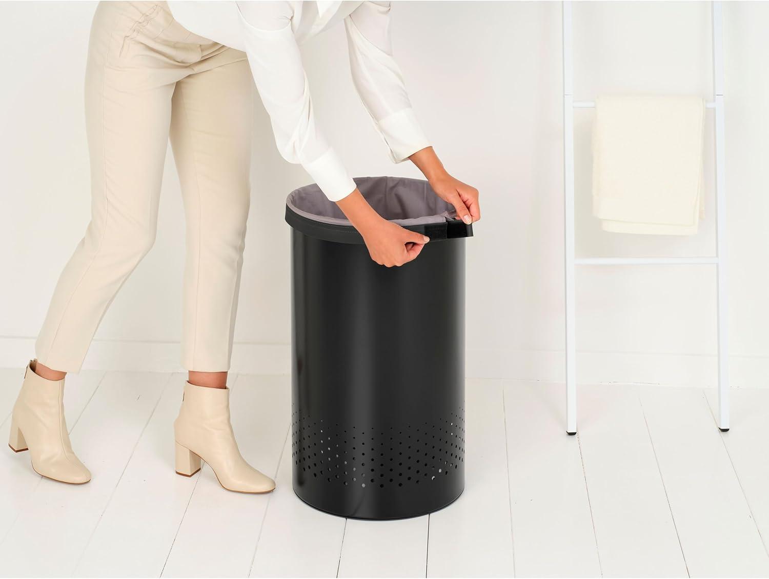 image:imageBrabantia Laundry Basket with Lid 16 Gal Washing Hamper with Removable Cotton Bag amp QuickDrop Opening SpaceSaving Laundry Hamper Matt BlackMatt Black