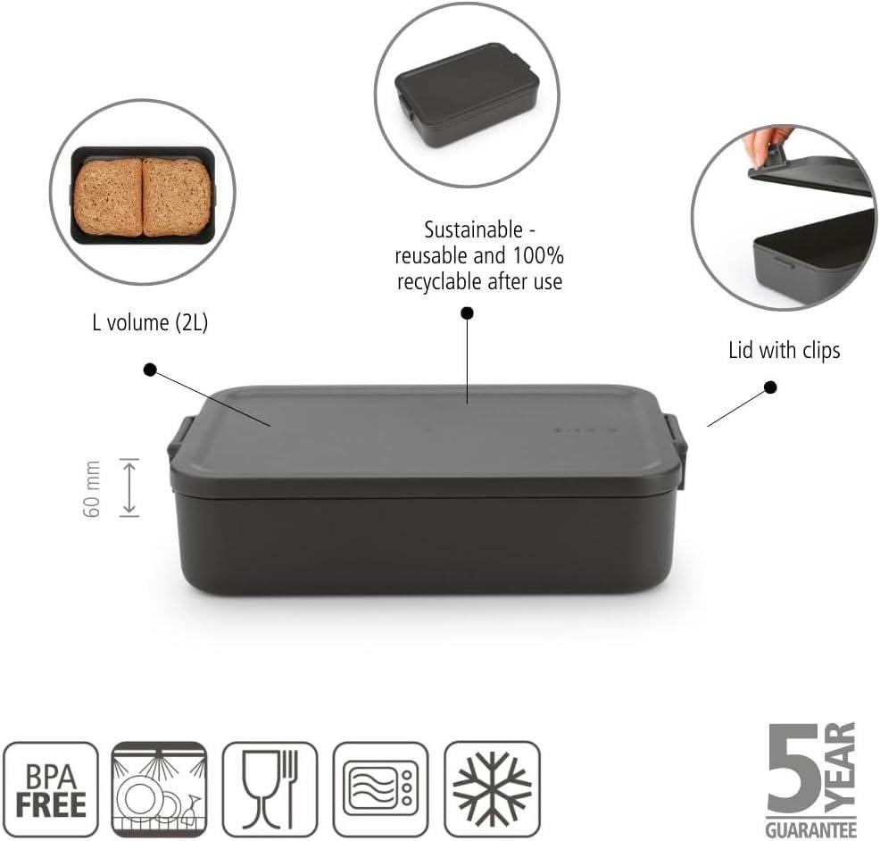 image:imageBrabantia Make amp Take Bento Lunch Box Dark Gray 2 Compartments amp Lidded Pot LiftOut Tray Divider BPAFree Airtight Snap Locks Microwave amp Freezer Safe Travel Meal Prep ContainerDark Gray
