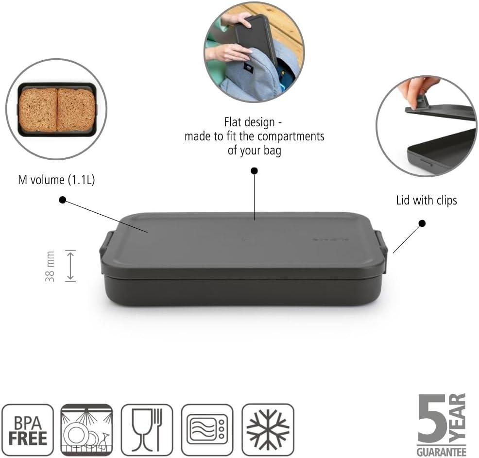 image:imageBrabantia Make amp Take Bento Lunch Box Dark Gray 2 Compartments amp Lidded Pot LiftOut Tray Divider BPAFree Airtight Snap Locks Microwave amp Freezer Safe Travel Meal Prep ContainerDark Gray