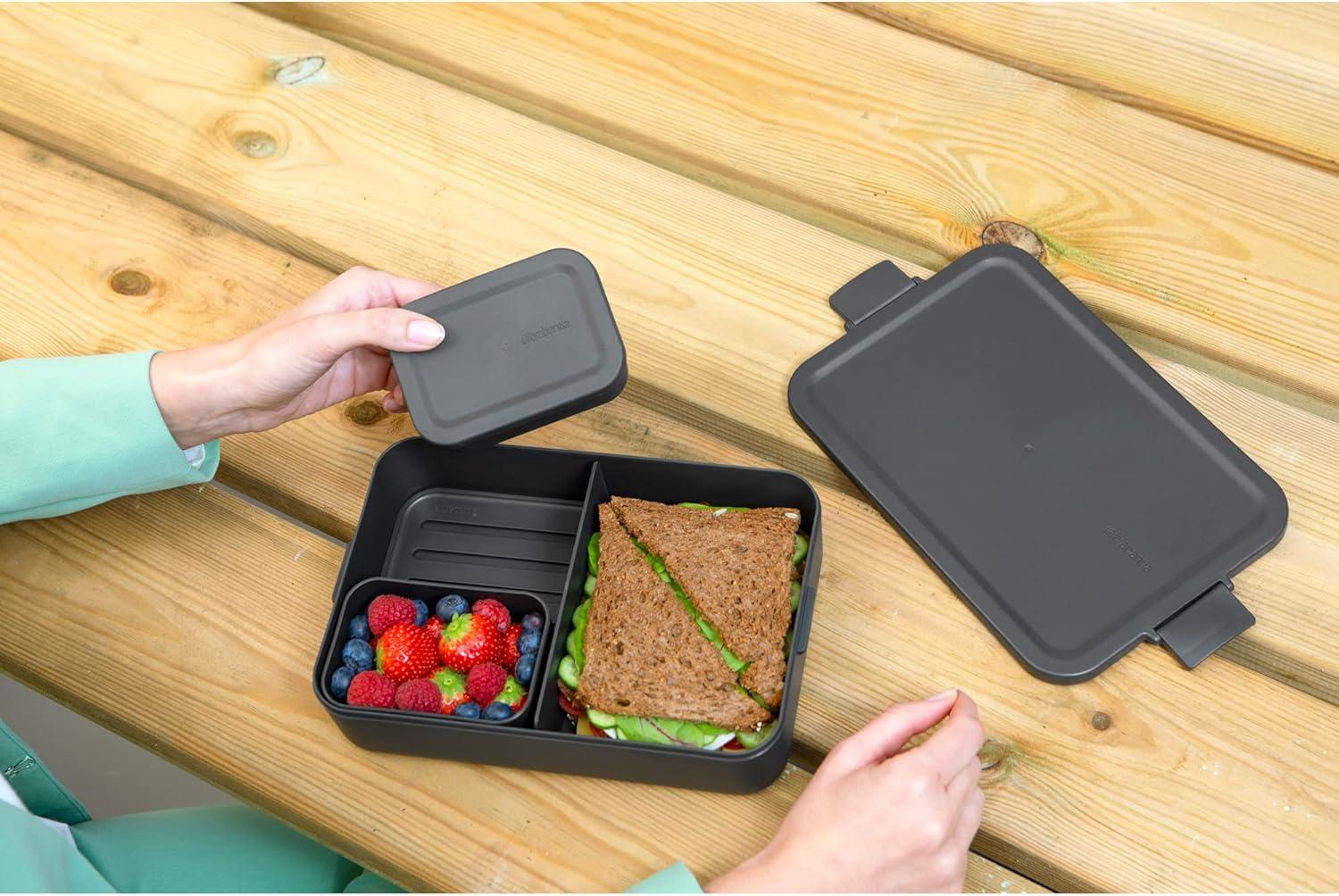 image:imageBrabantia Make amp Take Bento Lunch Box Dark Gray 2 Compartments amp Lidded Pot LiftOut Tray Divider BPAFree Airtight Snap Locks Microwave amp Freezer Safe Travel Meal Prep ContainerDark Gray