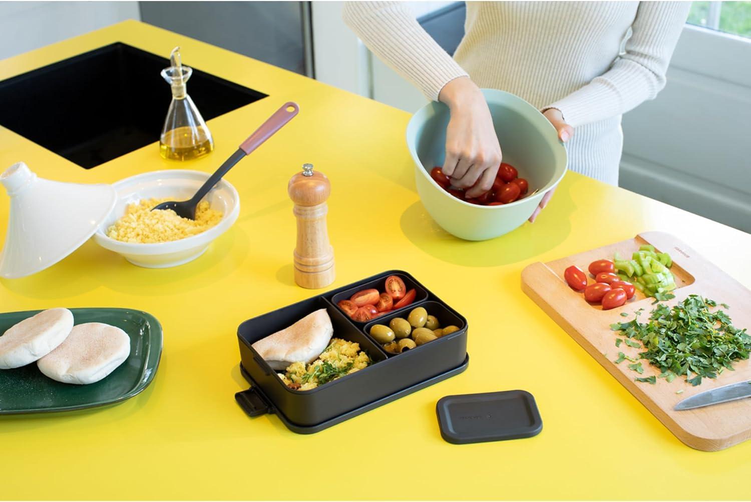 image:imageBrabantia Make amp Take Bento Lunch Box Dark Gray 2 Compartments amp Lidded Pot LiftOut Tray Divider BPAFree Airtight Snap Locks Microwave amp Freezer Safe Travel Meal Prep ContainerDark Gray