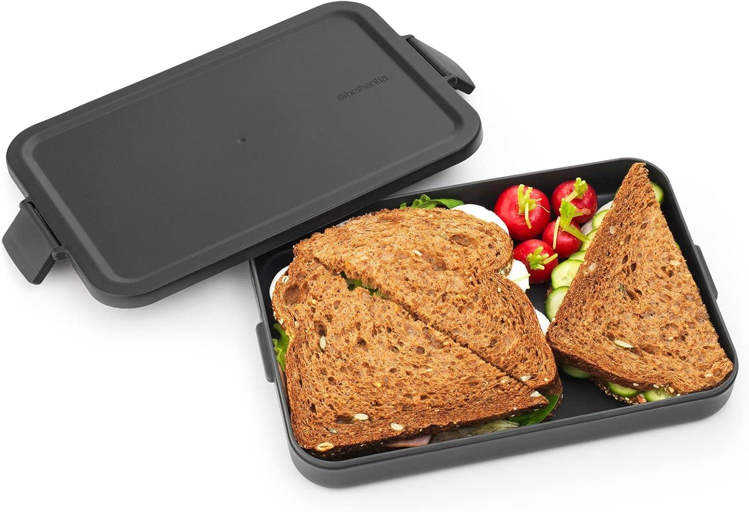 image:imageBrabantia Make amp Take Bento Lunch Box Dark Gray 2 Compartments amp Lidded Pot LiftOut Tray Divider BPAFree Airtight Snap Locks Microwave amp Freezer Safe Travel Meal Prep ContainerDark Gray