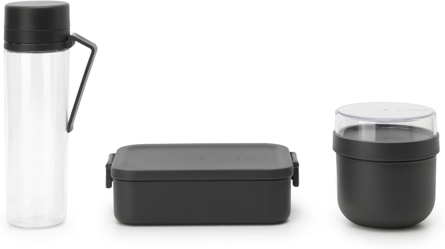 image:imageBrabantia Make amp Take Break Set Set of 2 Matching Water Bottle with Fruit Sieve Infuser amp Flat Lunch Box BPAFree Travel To Go Meal Containers Dishwasher SafeDark Gray