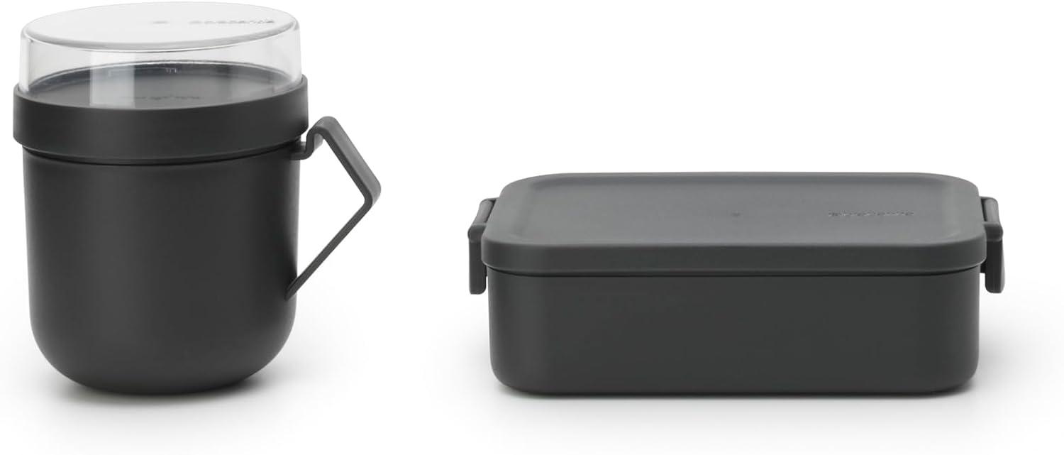 image:imageBrabantia Make amp Take Break Set Set of 2 Matching Water Bottle with Fruit Sieve Infuser amp Flat Lunch Box BPAFree Travel To Go Meal Containers Dishwasher SafeDark Gray