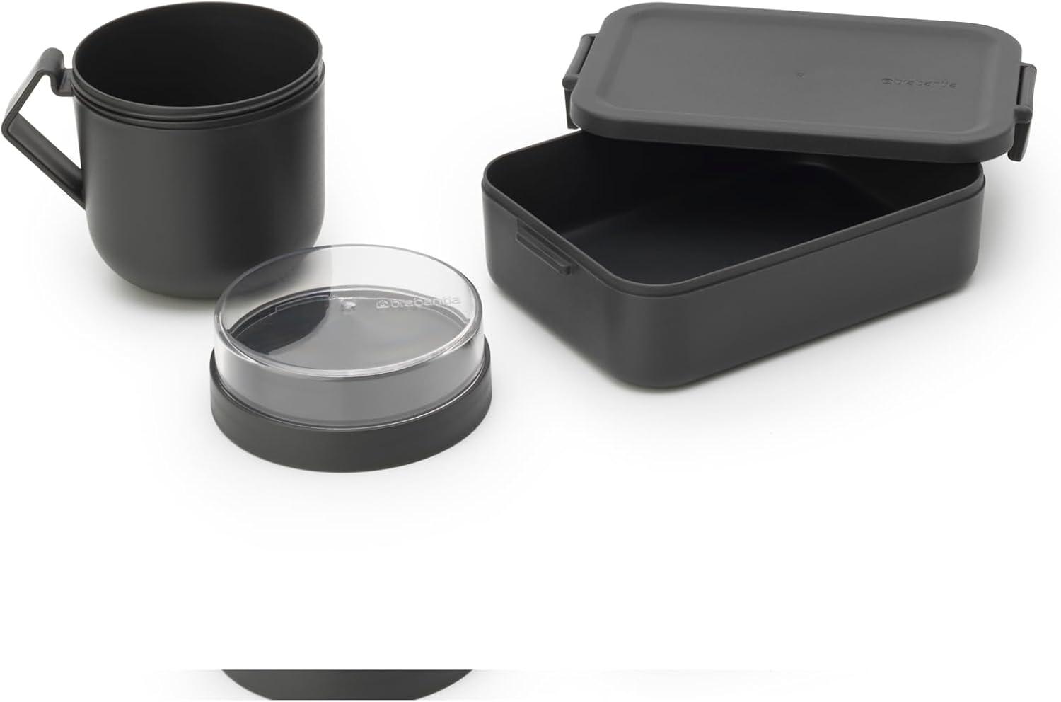 image:imageBrabantia Make amp Take Break Set Set of 2 Matching Water Bottle with Fruit Sieve Infuser amp Flat Lunch Box BPAFree Travel To Go Meal Containers Dishwasher SafeDark Gray