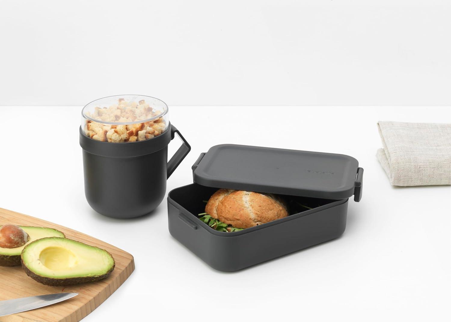 image:imageBrabantia Make amp Take Break Set Set of 2 Matching Water Bottle with Fruit Sieve Infuser amp Flat Lunch Box BPAFree Travel To Go Meal Containers Dishwasher SafeDark Gray