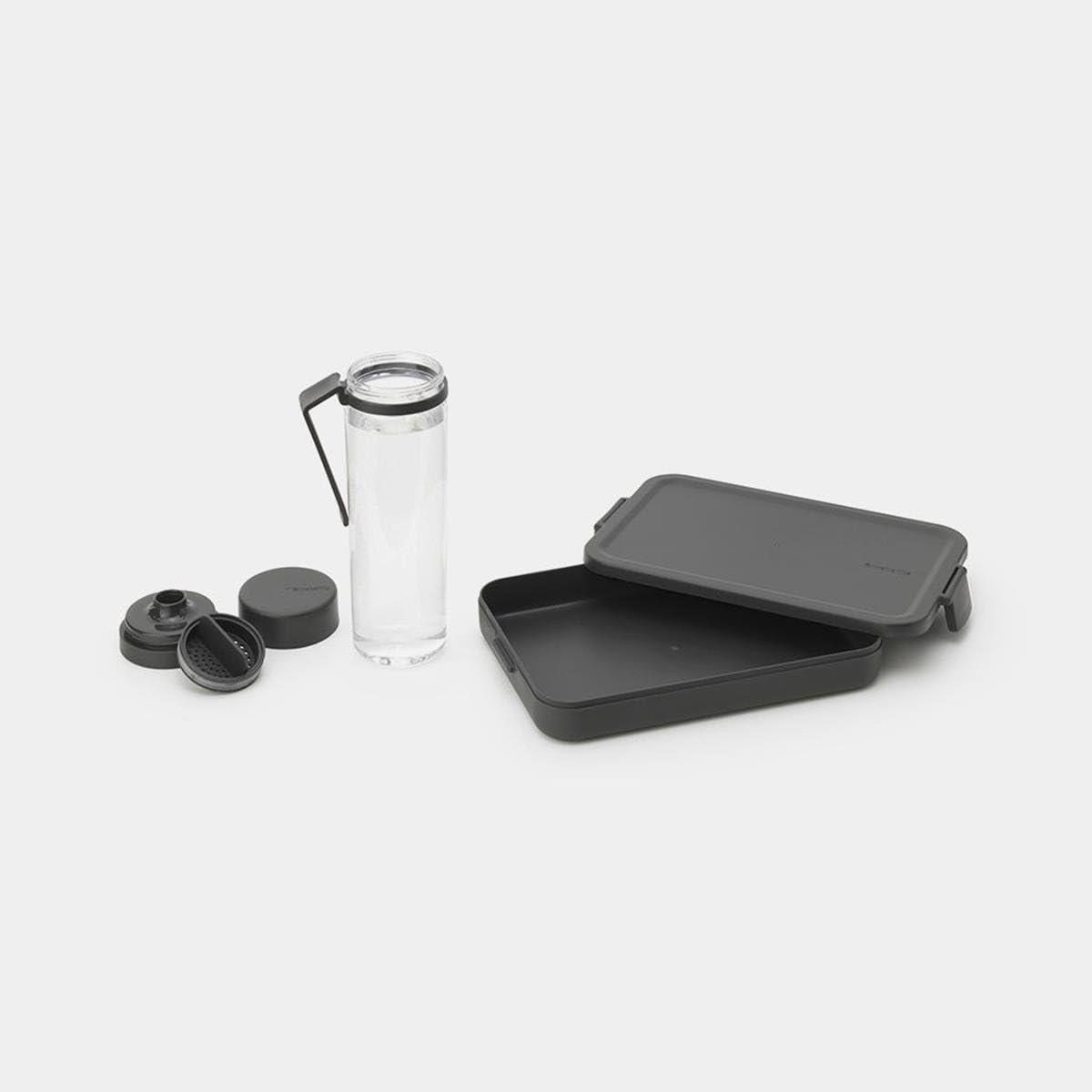 image:imageBrabantia Make amp Take Break Set Set of 2 Matching Water Bottle with Fruit Sieve Infuser amp Flat Lunch Box BPAFree Travel To Go Meal Containers Dishwasher SafeDark Gray