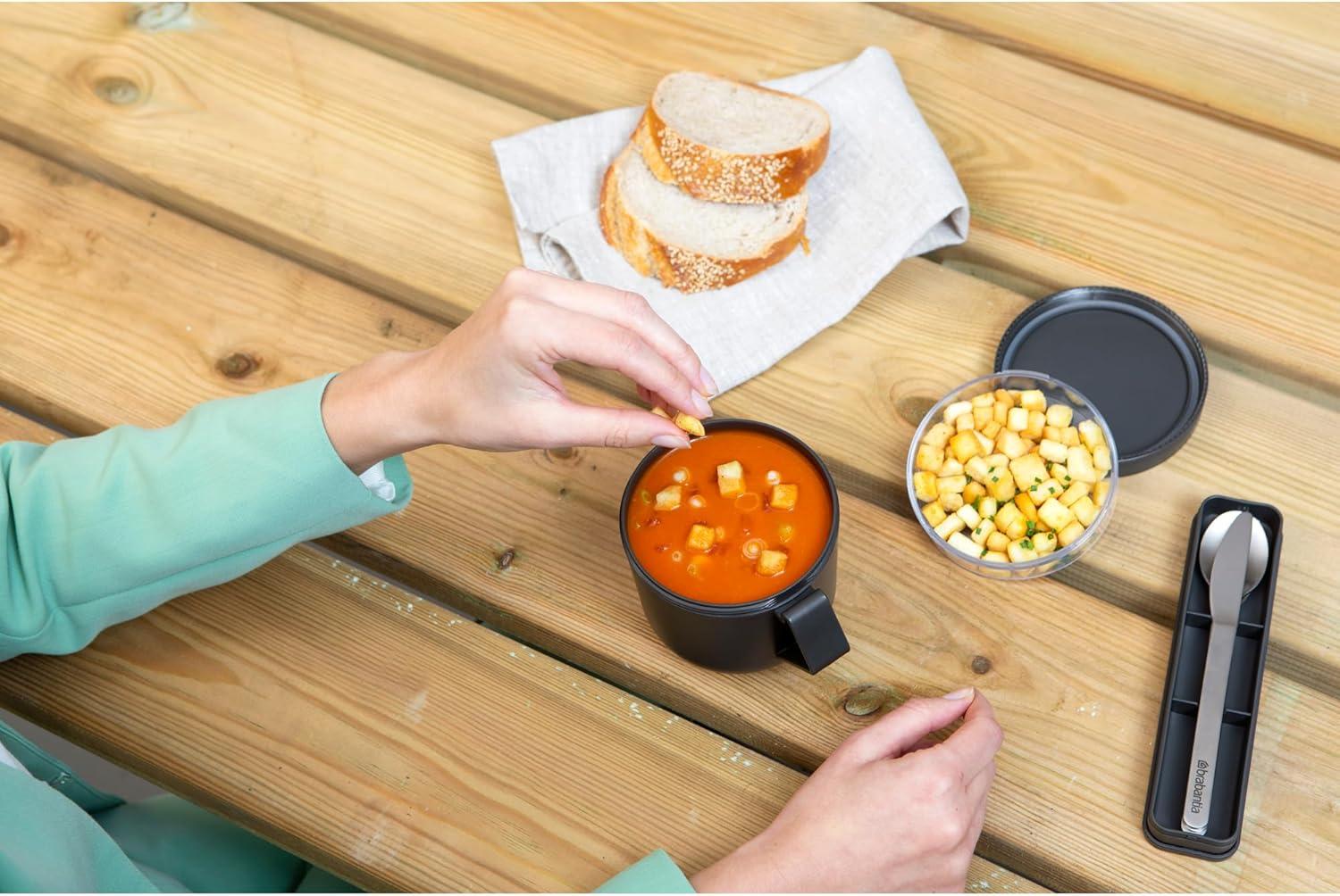 image:imageBrabantia Make amp Take Soup Mug with Handle amp Removable Clear Compartment for Toppings Light Gray 100 Leakproof Microwave amp Freezer Safe Meal Prep Container 20 fl ozDark Gray