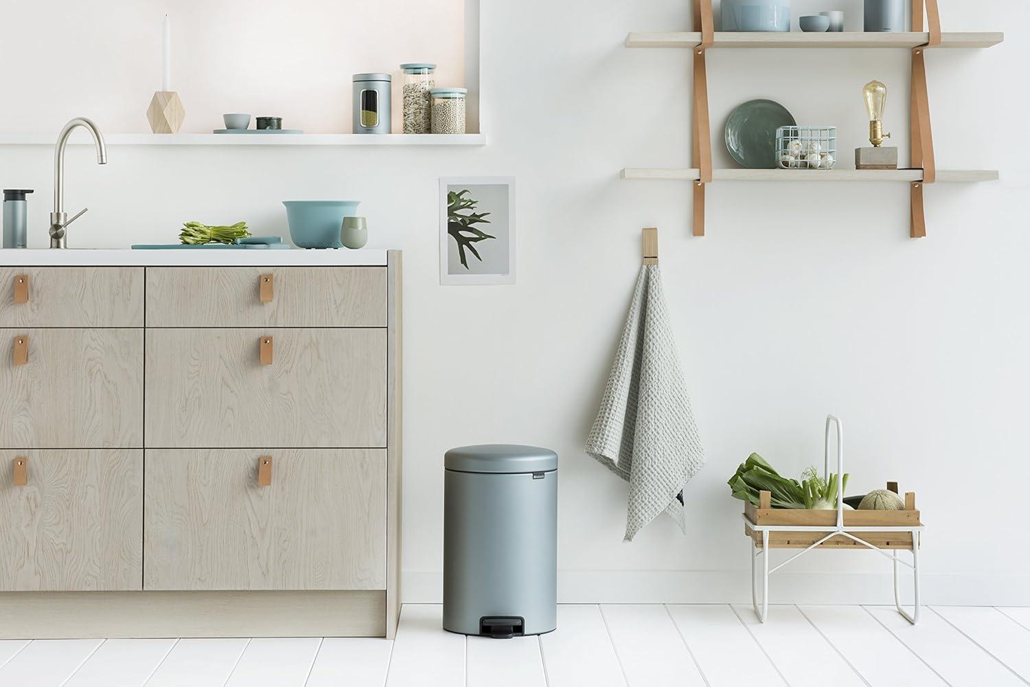 image:imageBrabantia New Icon Step Trash Can 08 GalMatt Black Soft Closing Kitchen GarbageRecycling Can with Removable BucketMetallic Mint