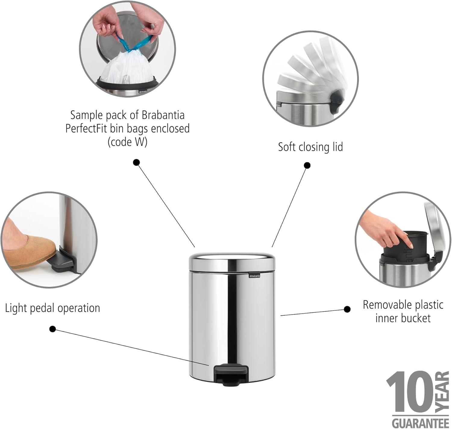 image:imageBrabantia StepOn XS Trash Can Metallic Gold 08 Gallon 3L Bathroom Bedroom Office Trash Can with Light Pedal Opening Handle amp Removable Inner Bucket 66 x 93 x 104 Trash BagsBrilliant Steel
