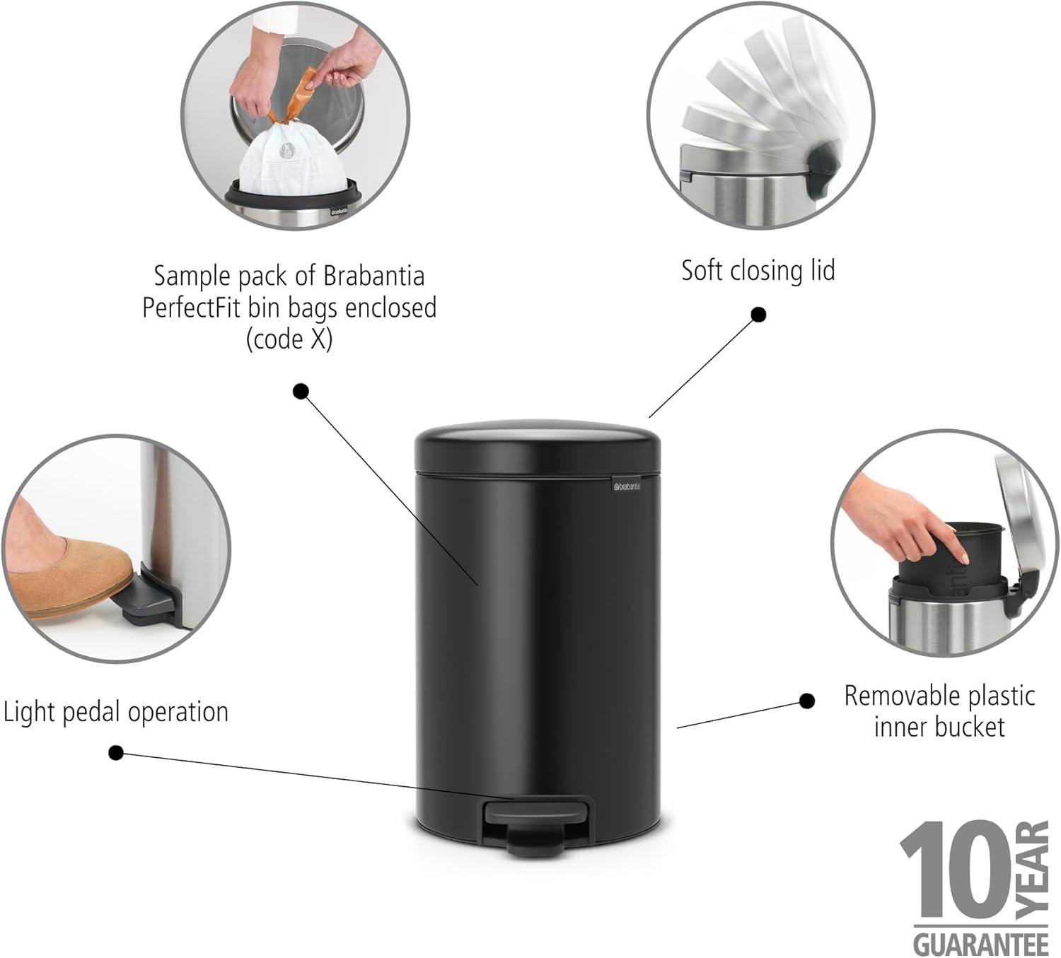 image:imageBrabantia StepOn XS Trash Can Metallic Gold 08 Gallon 3L Bathroom Bedroom Office Trash Can with Light Pedal Opening Handle amp Removable Inner Bucket 66 x 93 x 104 Trash BagsMatt Black