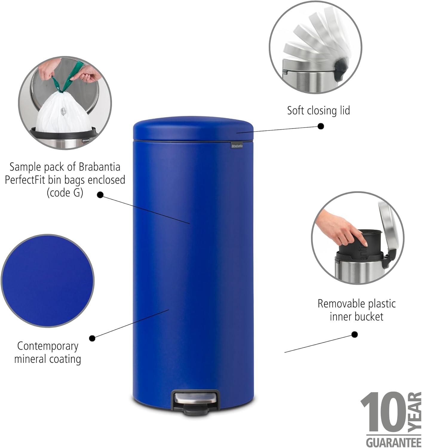 image:imageBrabantia StepOn XS Trash Can Metallic Gold 08 Gallon 3L Bathroom Bedroom Office Trash Can with Light Pedal Opening Handle amp Removable Inner Bucket 66 x 93 x 104 Trash BagsMineral Powerful Blue