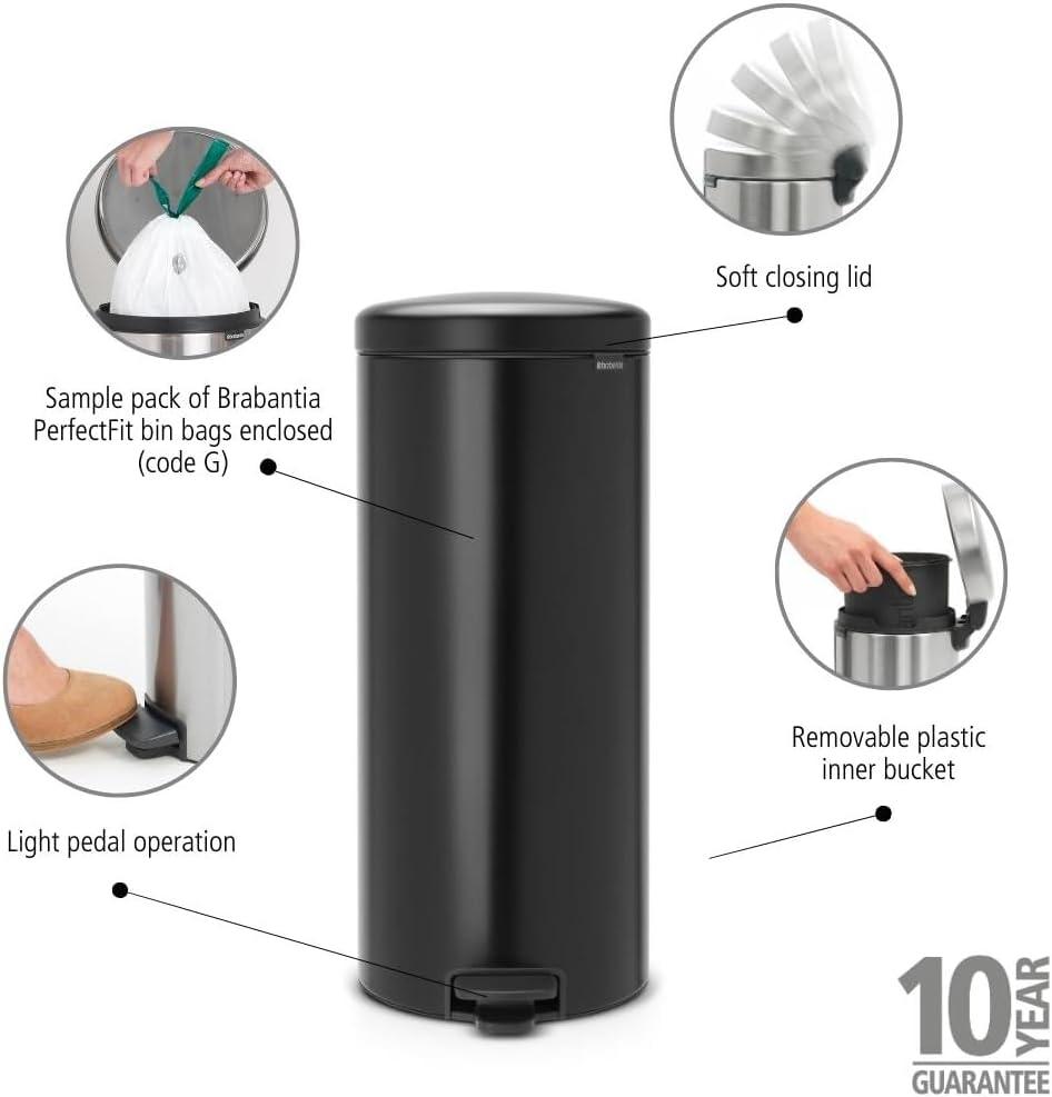 image:imageBrabantia StepOn XS Trash Can Metallic Gold 08 Gallon 3L Bathroom Bedroom Office Trash Can with Light Pedal Opening Handle amp Removable Inner Bucket 66 x 93 x 104 Trash BagsMatt Black