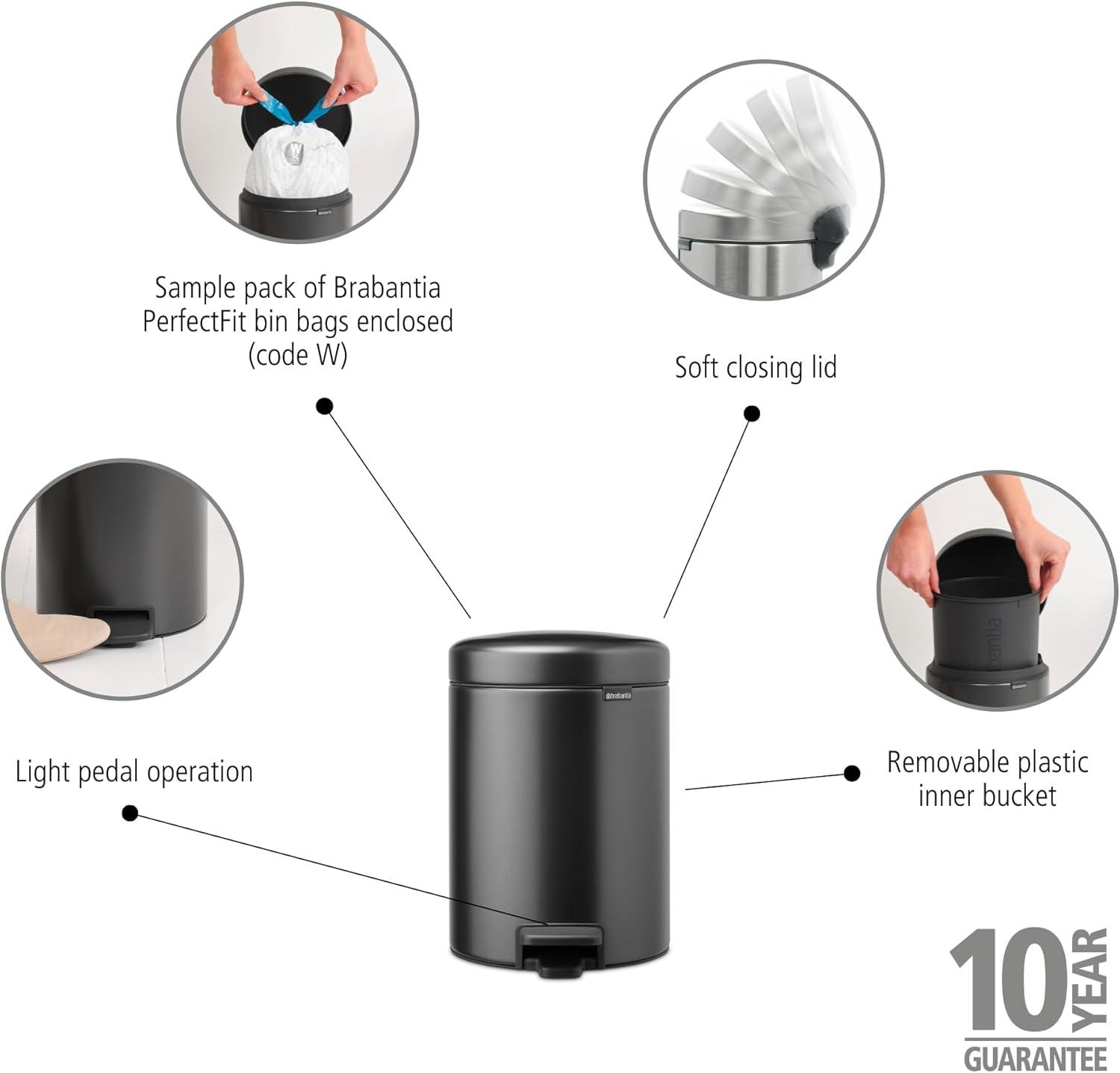 image:imageBrabantia StepOn XS Trash Can Metallic Gold 08 Gallon 3L Bathroom Bedroom Office Trash Can with Light Pedal Opening Handle amp Removable Inner Bucket 66 x 93 x 104 Trash BagsConfident Gray