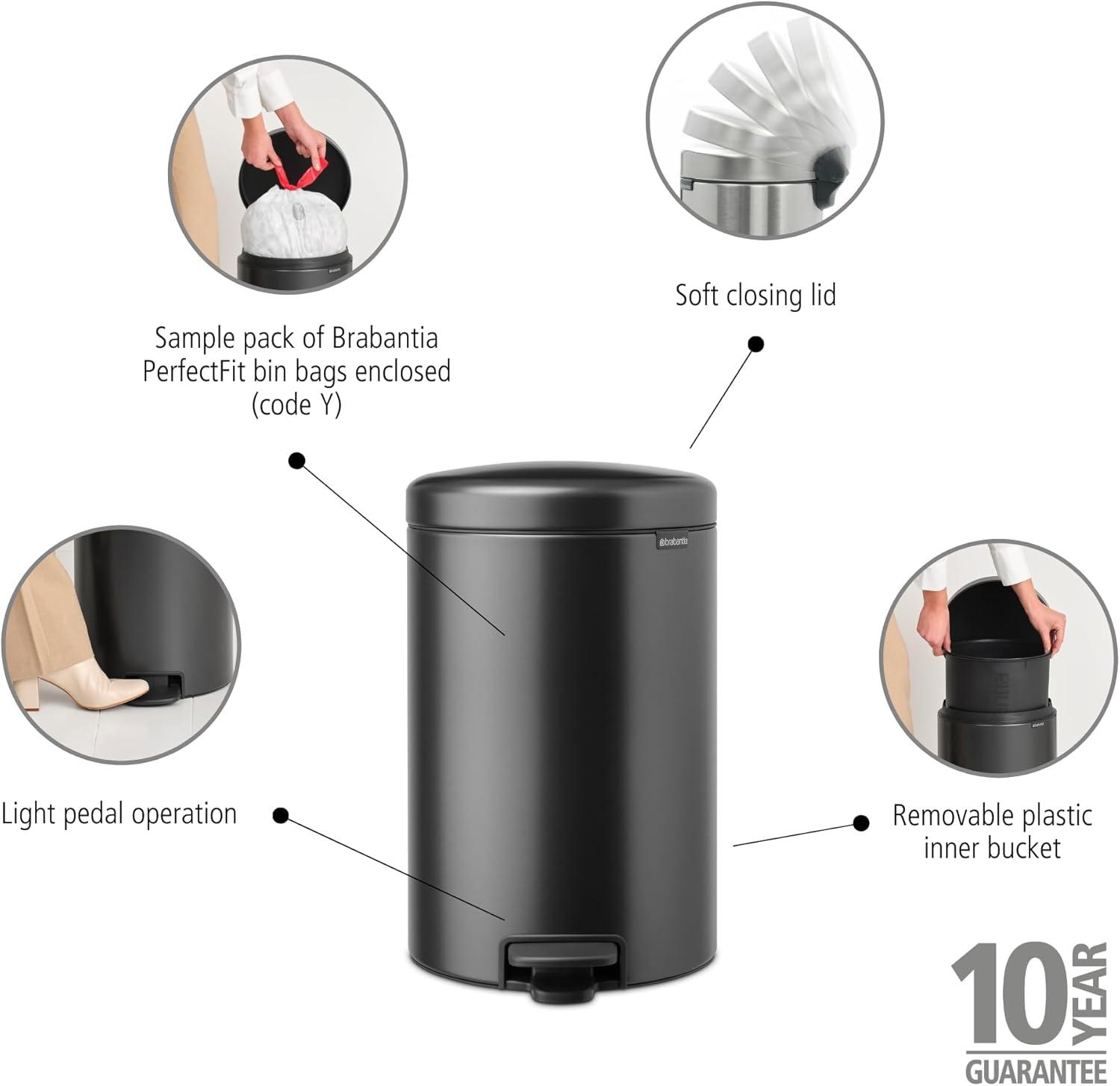 image:imageBrabantia StepOn XS Trash Can Metallic Gold 08 Gallon 3L Bathroom Bedroom Office Trash Can with Light Pedal Opening Handle amp Removable Inner Bucket 66 x 93 x 104 Trash BagsConfident Gray