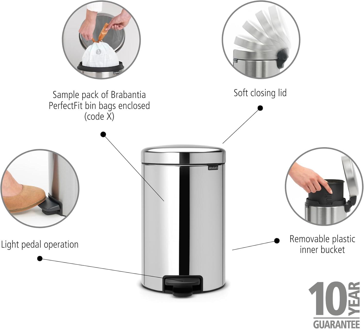 image:imageBrabantia StepOn XS Trash Can Metallic Gold 08 Gallon 3L Bathroom Bedroom Office Trash Can with Light Pedal Opening Handle amp Removable Inner Bucket 66 x 93 x 104 Trash BagsBrilliant Steel