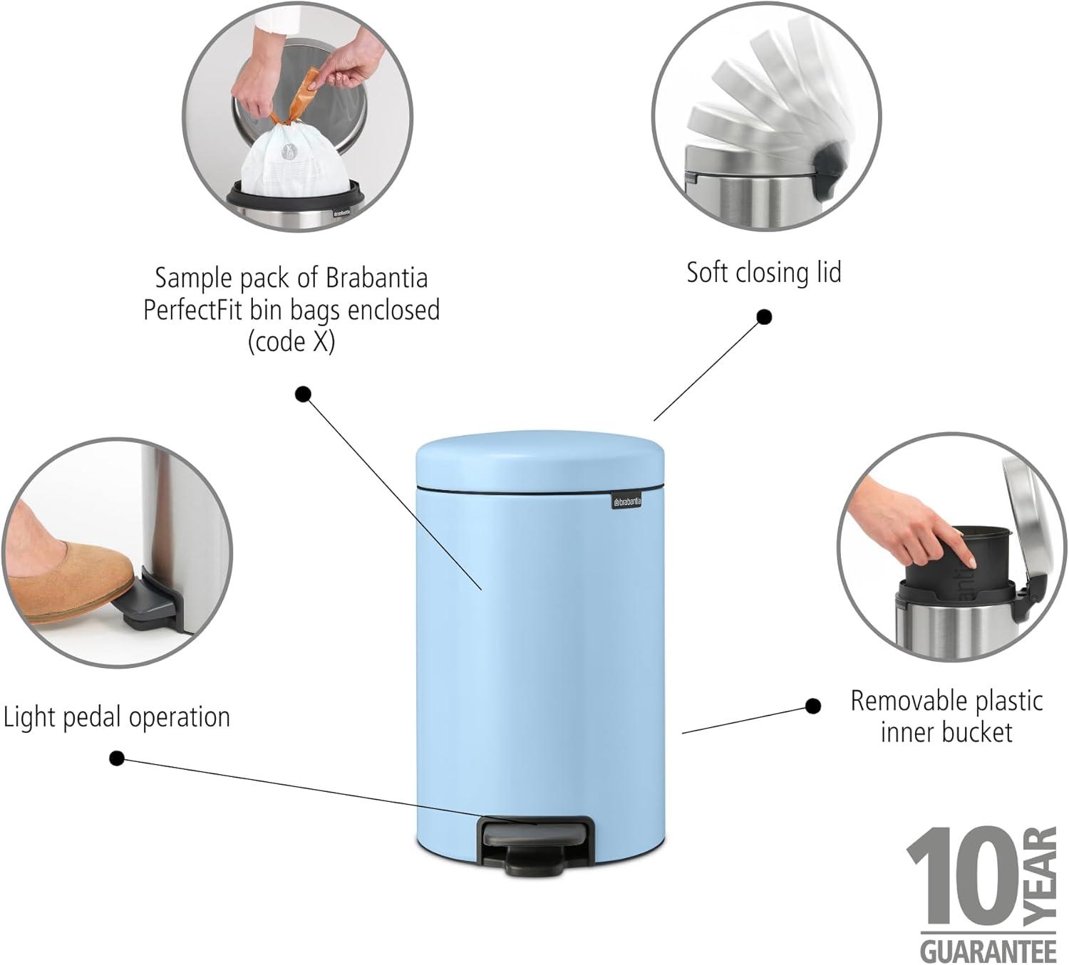 image:imageBrabantia StepOn XS Trash Can Metallic Gold 08 Gallon 3L Bathroom Bedroom Office Trash Can with Light Pedal Opening Handle amp Removable Inner Bucket 66 x 93 x 104 Trash BagsDreamy Blue