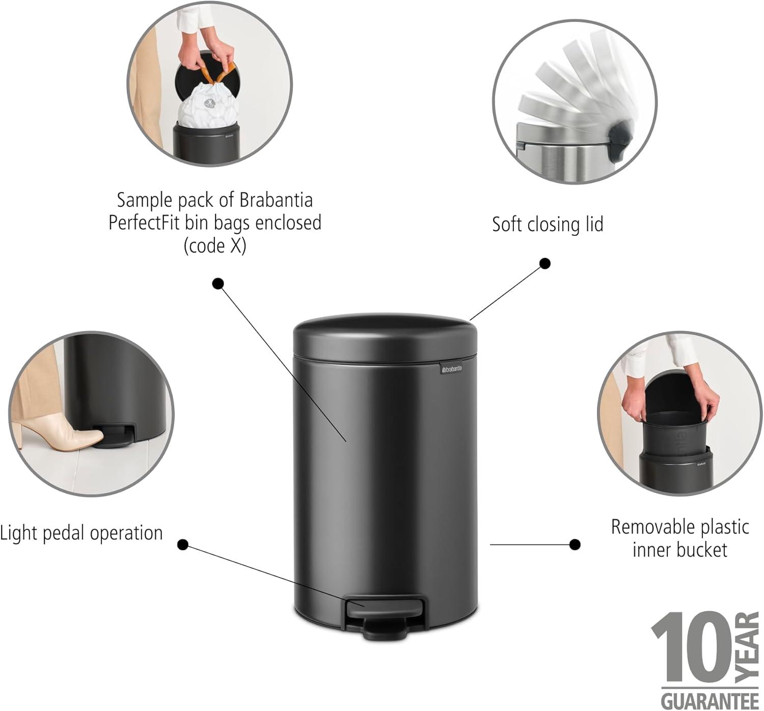 image:imageBrabantia StepOn XS Trash Can Metallic Gold 08 Gallon 3L Bathroom Bedroom Office Trash Can with Light Pedal Opening Handle amp Removable Inner Bucket 66 x 93 x 104 Trash BagsConfident Gray