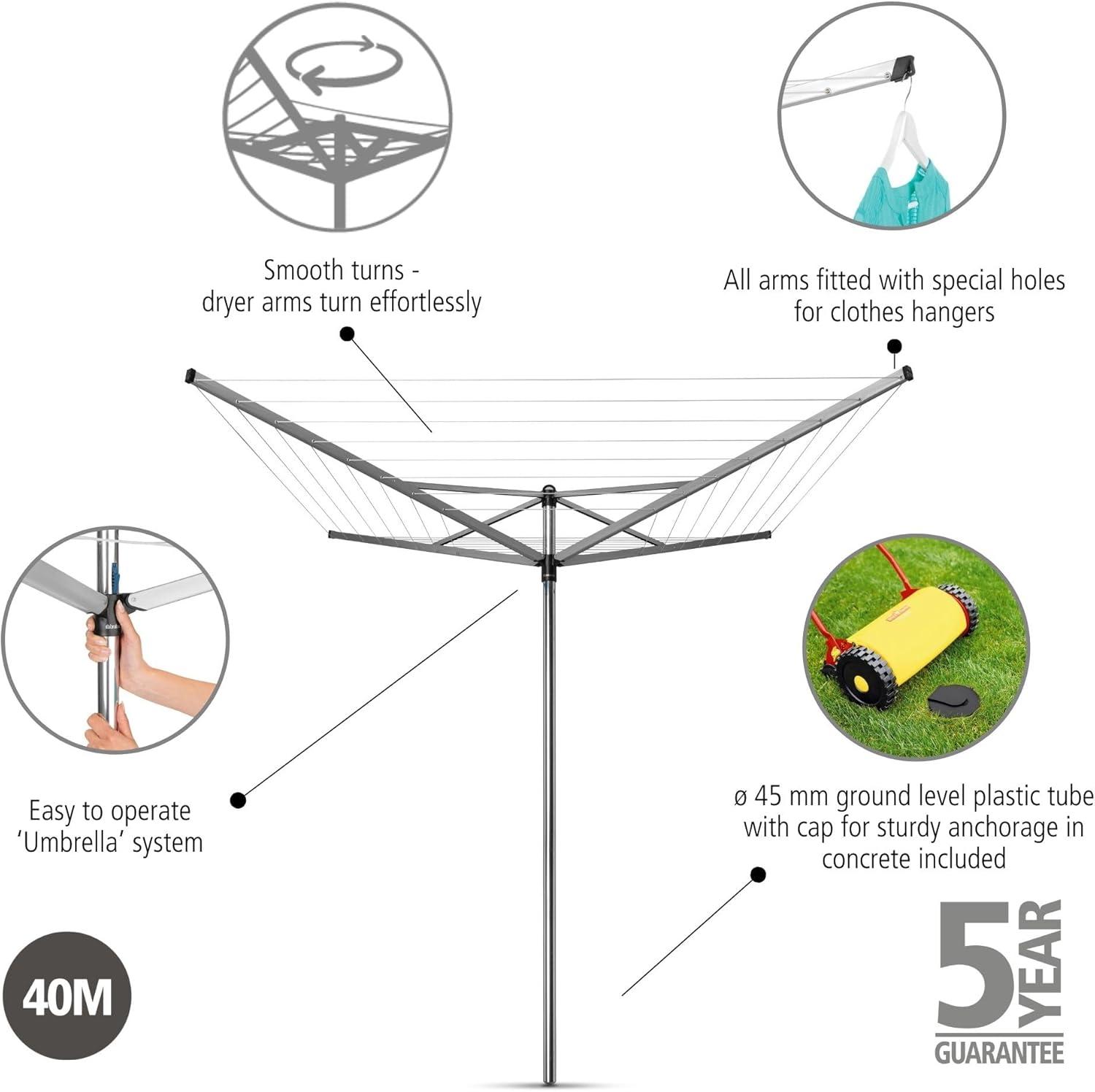 image:imageBrabantia Topspinner Outdoor 4 Arm Spinning Clothesline 164 ft 18 Rotating Folding Clothes Drying Rack Concrete Ground Tube GrayGray