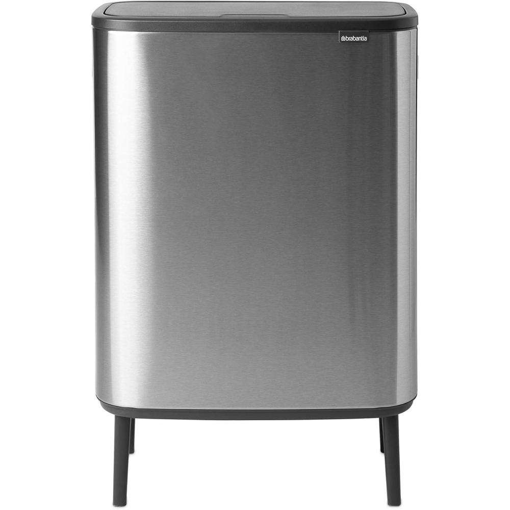 image:imageBrabantia Bo Hi Touch Top Kitchen Trash Can with Dual Compartments amp Raised Legs  White  2 x 8 Gal Inner Buckets  SoftClose Light Touch Opening StayOpen Lid   Trash BagsMatt Steel FPP