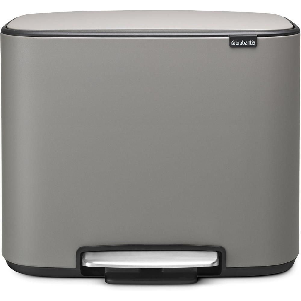 image:imageBrabantia Bo StepOn Kitchen Trash Can with Dual Compartments Matt Black 3 6 Gal Inner Buckets SoftClose Garbage Can Light Pedal Operation StayOpen Lid Fits Against Wall Trash BagsMineral Concrete Gray