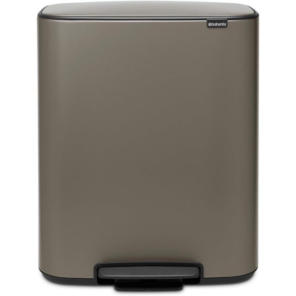 image:imageBrabantia Bo StepOn Kitchen Trash Can with Dual Compartments Matt Black 3 6 Gal Inner Buckets SoftClose Garbage Can Light Pedal Operation StayOpen Lid Fits Against Wall Trash BagsPlatinum