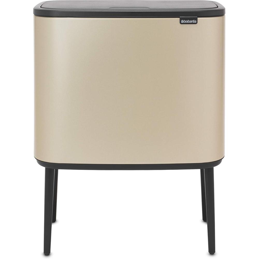 image:imageBrabantia Bo Touch Top Kitchen Trash Can with Single Compartment  Mineral Gray  16 Gal Inner Bucket  SoftClose Garbage Can Light Touch Opening StayOpen Lid  Fits Against Wall   Trash BagsMetallic Gold