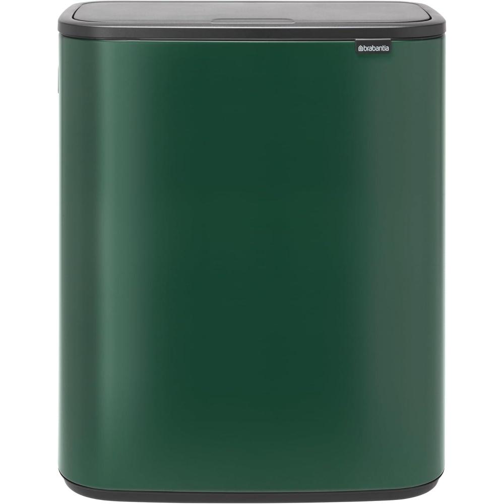 image:imageBrabantia Bo Touch Top Kitchen Trash Can with Single Compartment Mineral Gray 16 Gal Inner Bucket SoftClose Garbage Can Light Touch Opening StayOpen Lid Fits Against Wall Trash BagsPine Green