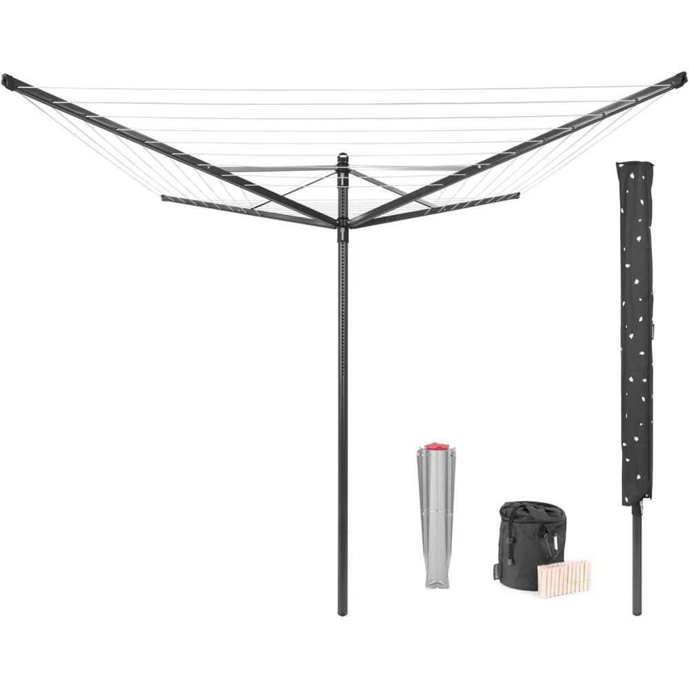 image:imageBrabantia LiftOMatic Outdoor 4 Arm Clothesline 164 ft 18 Height Adjustable Folding Clothes Drying Rack  Ground Spike amp Cover GrayAnthracite